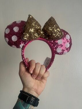 Sequin Pink Polka Dot Minnie Ears Headband with Gold Bow
